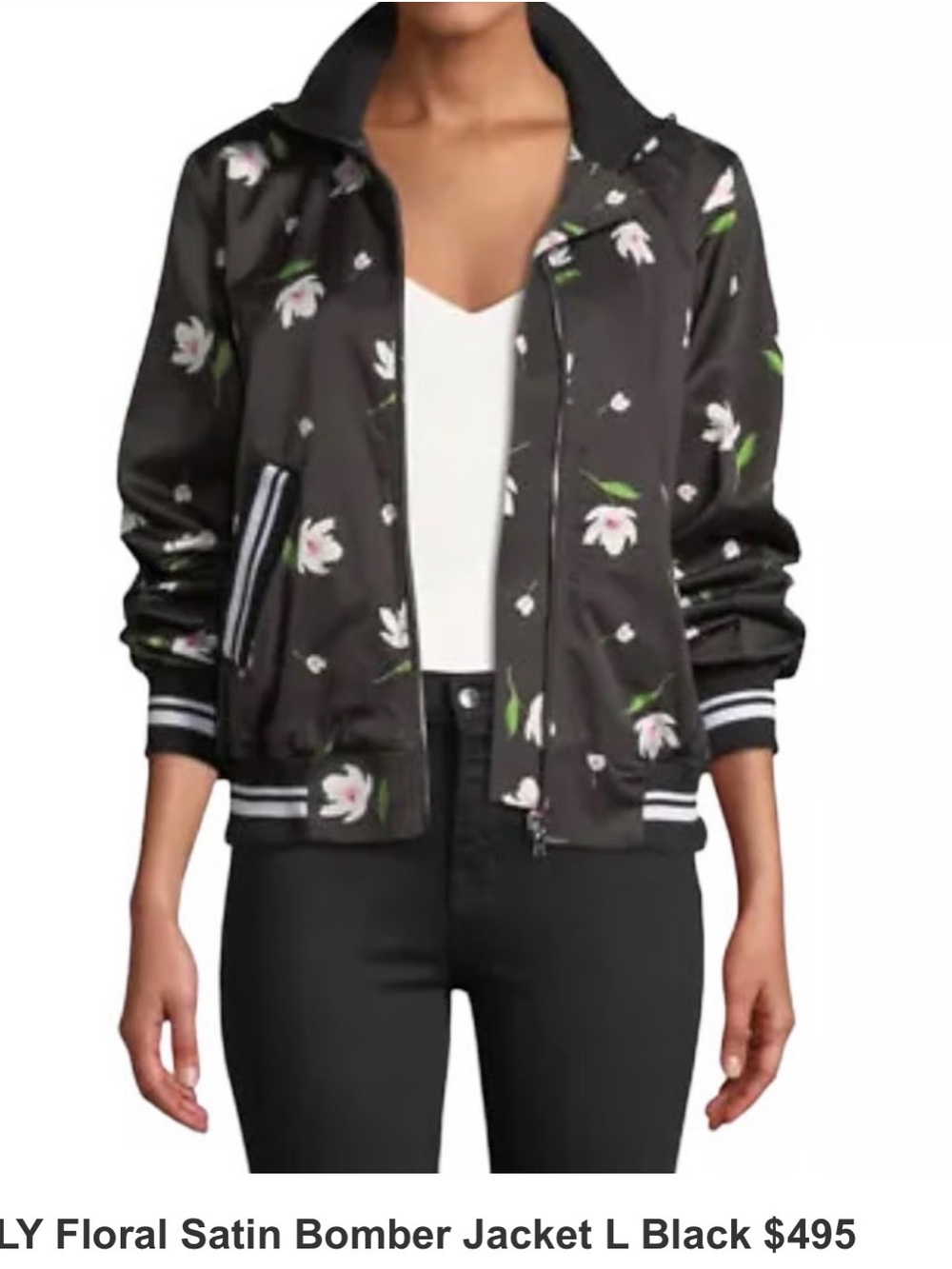Milly Black Satin Floral Bomber Jacket Med. NWT